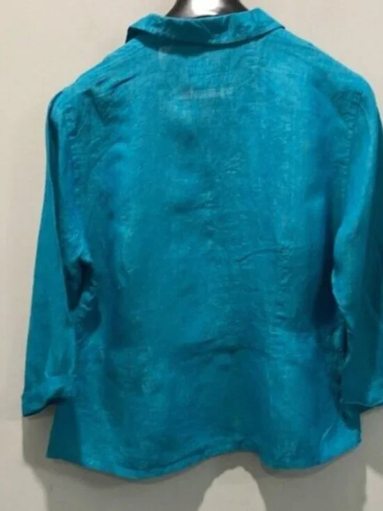Flax Linen Long Sleeve Jacket Blue top - Picture 3 of 13